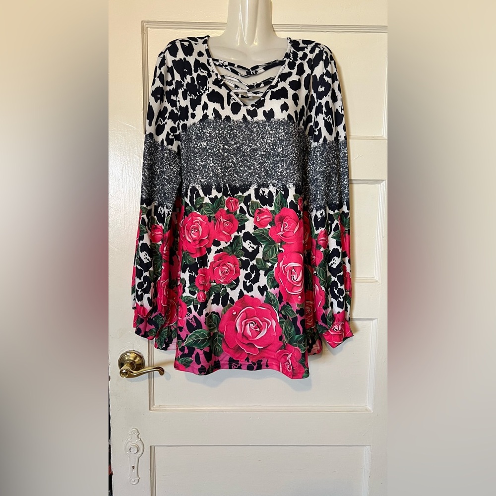 Crisscross Neck Long Sleeve Floral & Animal Print Top - Pink/Black/White